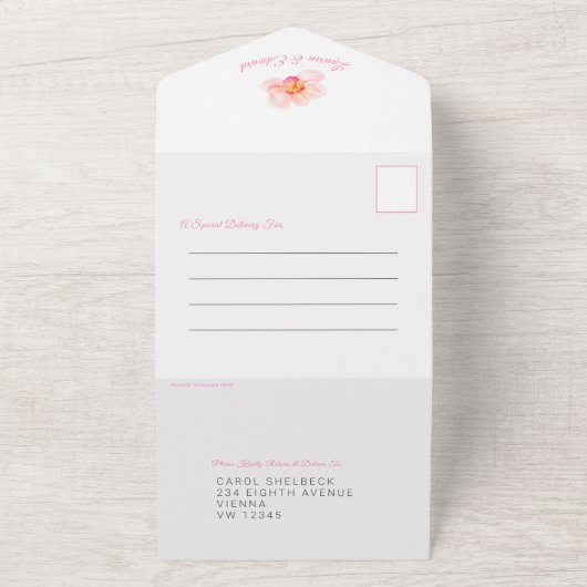 Tropische orchidee huwelijksbloem waterverf roze all in one uitnodiging (Buitenkant)