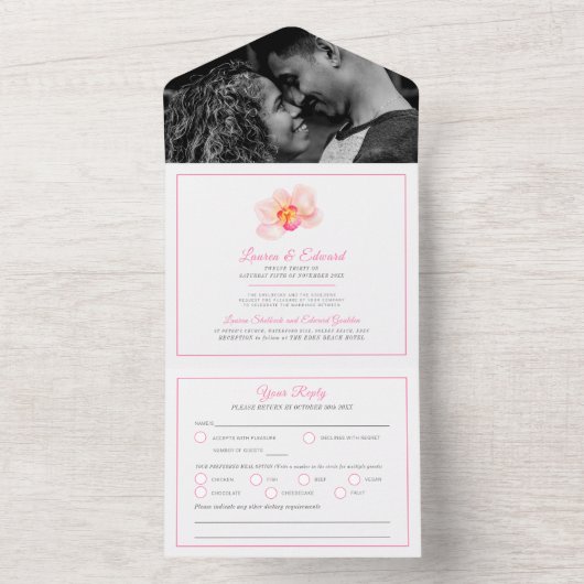 Tropische orchidee huwelijksbloem waterverf roze all in one uitnodiging (Binnen)