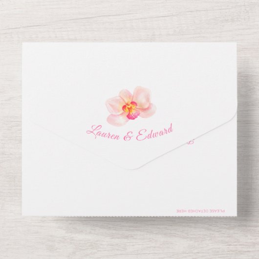 Tropische orchidee huwelijksbloem waterverf roze all in one uitnodiging (Achterkant)