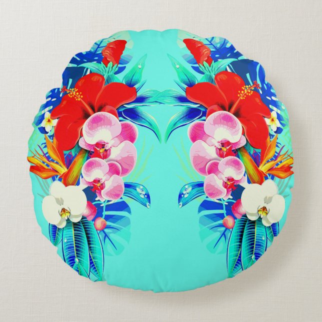 Tropische orchidee palm monstera floral blauwgroen rond kussen (Voorkant)