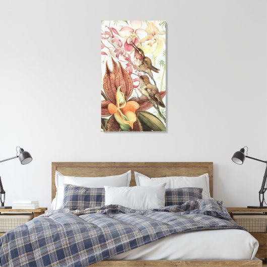  tropische orchideeën, bloemen en levende vogels canvas afdruk (Insitu (Slaapkamer))