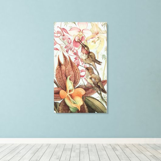  tropische orchideeën, bloemen en levende vogels canvas afdruk (Insitu (Houten vloer))