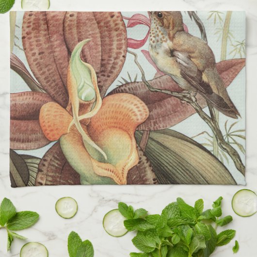  tropische orchideeën, bloemen en levende vogels theedoek (Gevouwen)