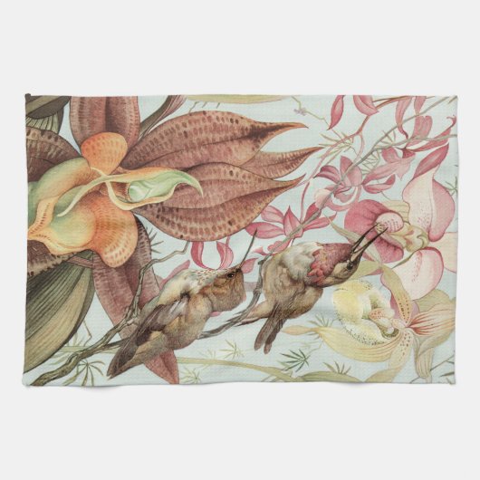  tropische orchideeën, bloemen en levende vogels theedoek (Horizontaal)