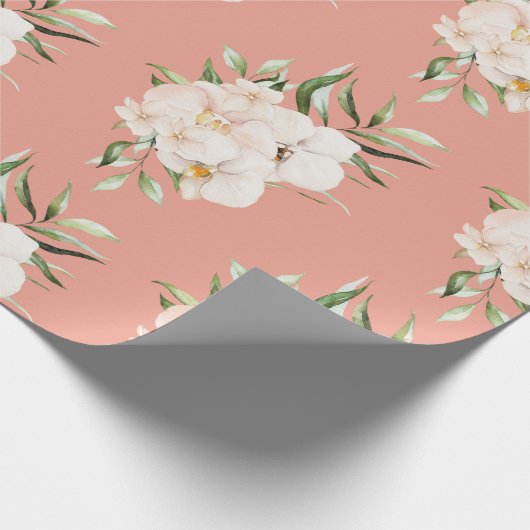 Tropische orchideeën en palm op koraal cadeaupapier (Hoek)