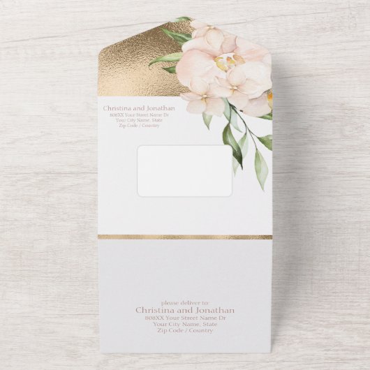 Tropische orchideeën en Plumeria Flowers op Gold All In One Uitnodiging (Buitenkant)