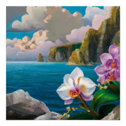 Tropische orchideeën, oceanen, kliffen en wolken perfect poster (Voorkant)