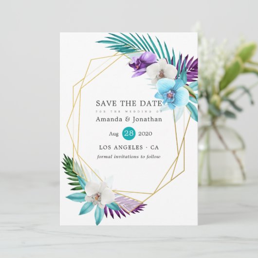 Tropische orchideeën stranden Geometrisch Save The Date (Staand voorkant)