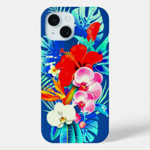 Tropische orchideeënpalmbladeren blauw Hawaiiaans iPhone 15 Case