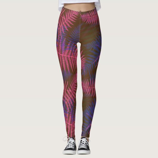 Tropische Paarse en blauwe bladeren Leggings (Voorkant)
