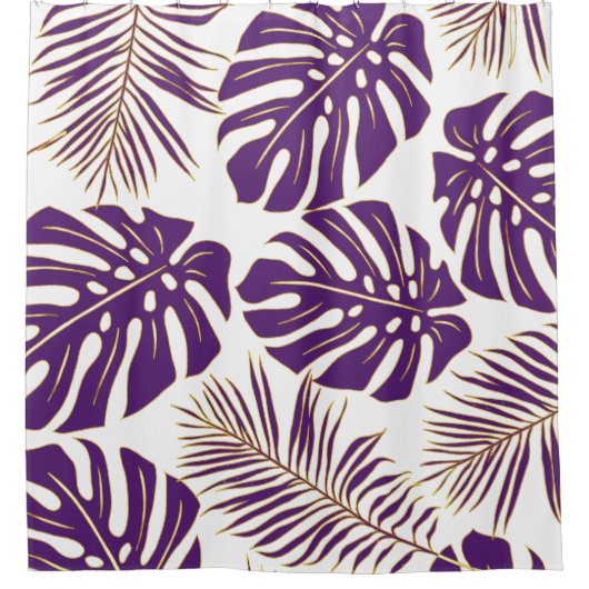 Tropische paarse en goudmonstera- en palmbladeren douchegordijn (Voorkant)