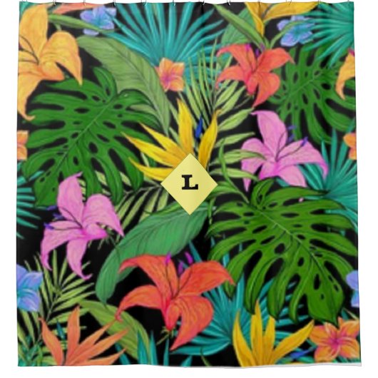 Tropische Paarse en groene botanische bloemen Douchegordijn (Voorkant)