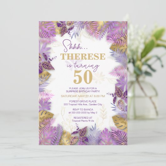Tropische Paarse goudverrassingen 50e verjaardag Kaart (Staand voorkant)
