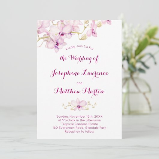 Tropische Paarse Orchidee bloem bruiloft uitnodigi Kaart (Staand voorkant)