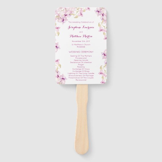 Tropische Paarse Orchidee bruiloft ceremonie progr Handwaaier (Voorkant)