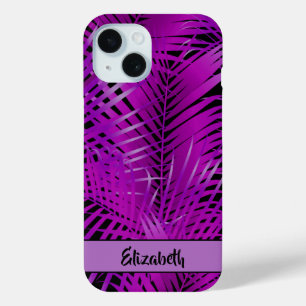Tropische Paarse palmvaten op zwart-gepersonalisee iPhone 15 Case