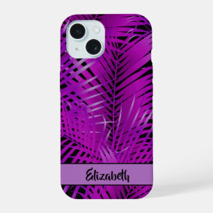 Tropische Paarse palmvaten op zwart-gepersonalisee iPhone 15 Case