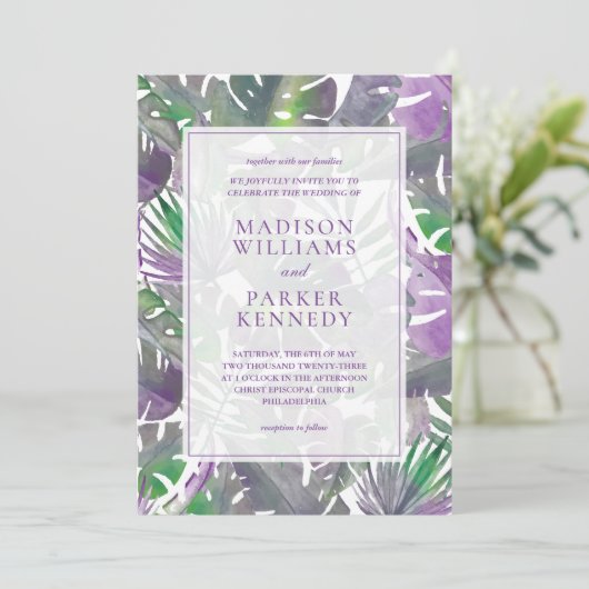 Tropische Paarse Waterverf bruiloft Kaart (Staand voorkant)