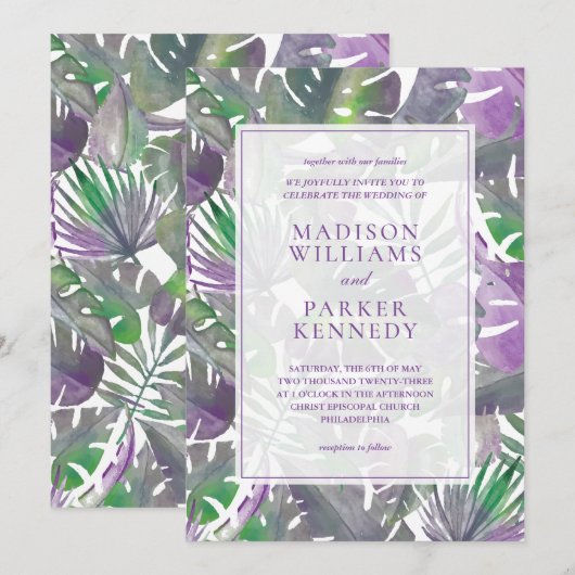 Tropische Paarse Waterverf bruiloft Kaart (Voorkant / Achterkant)