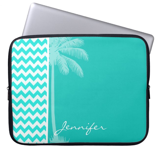 Tropische palm; Aqua Color Chevron Laptop Sleeve (Voorkant)