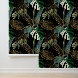 Tropische palm, banaan, plant, gouden bladeren. behang