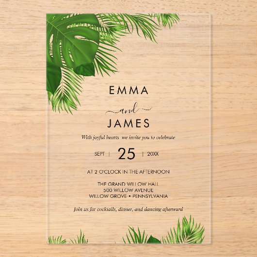 Tropische Palm Beach Acryl Uitnodiging (Voorkant)