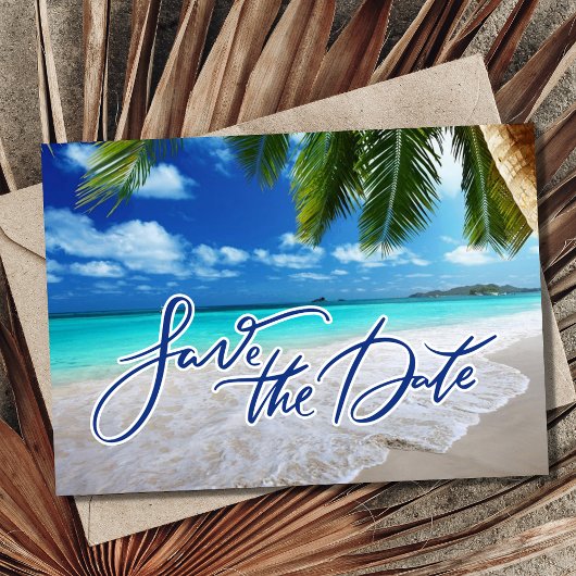 Tropische Palm Beach Bestemming Trouwfoto Save The Date