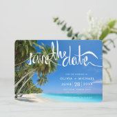 Tropische Palm Beach Bestemming Trouwfoto Save The Date (Staand voorkant)