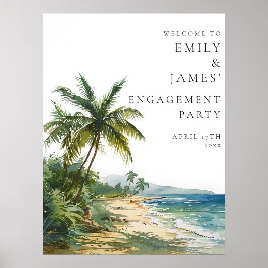 Tropische Palm Beach Engagement Party Welkomstbord Poster (Voorkant)