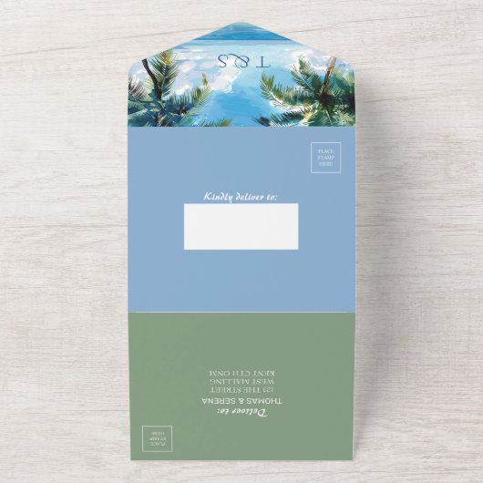 Tropische Palm Beach QR Code Ocean Locatie All In One Uitnodiging (Buitenkant)