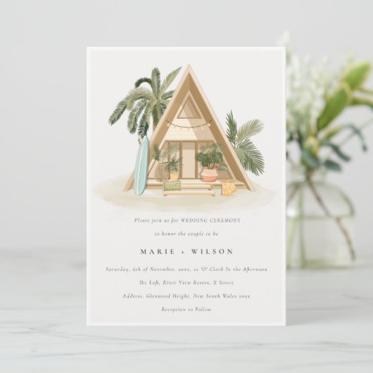 Tropische Palm Beach Shack Bruiloft QR Code RSVP Kaart (Staand voorkant)