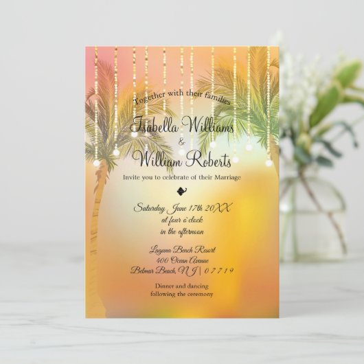 Tropische Palm Beach String Lights bruiloft Kaart (Staand voorkant)