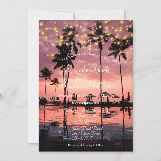 Tropische Palm Beach Zomer Zonsondergang Huwelijk Kaart (Voorkant)