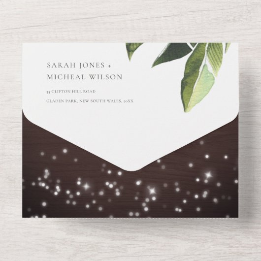 TROPISCHE PALM BLADEERIGE SLINGERLICHTEN TROUW  ALL IN ONE UITNODIGING (Achterkant)