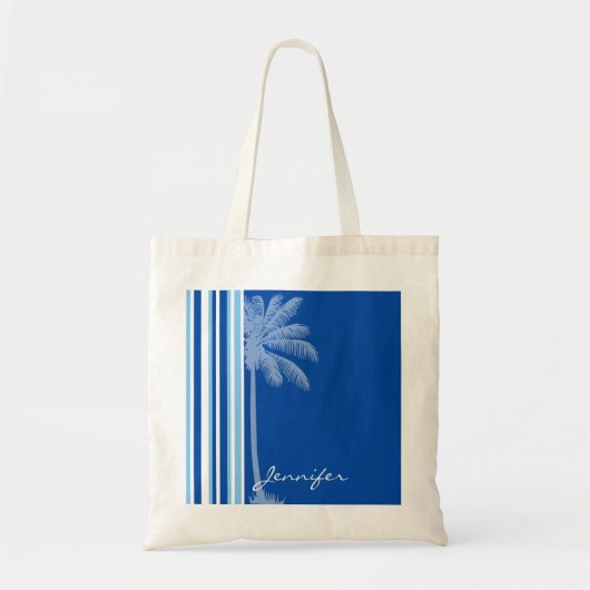 tropische palm; Blauwe en witte strepen Tote Bag (Voorkant)