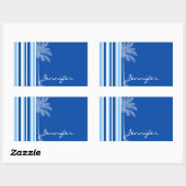 Tropische Palm; Blauwe & Witte Strepen Rechthoekige Sticker (Vel)