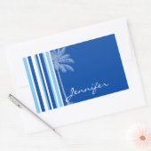 Tropische Palm; Blauwe & Witte Strepen Rechthoekige Sticker (Envelop)