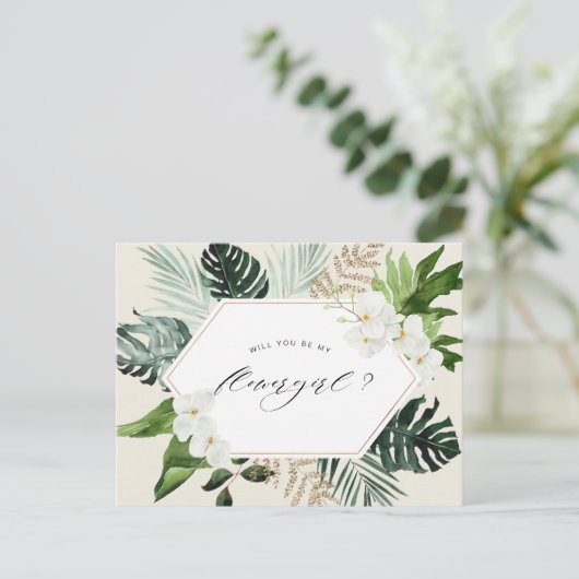 tropische palm bloem zal jij mijn bloemenmeisje zi uitnodiging briefkaart (Staand voorkant)