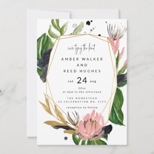 Tropische Palm Bloemen Waterverf Bladeren Huwelijk Kaart (Voorkant)