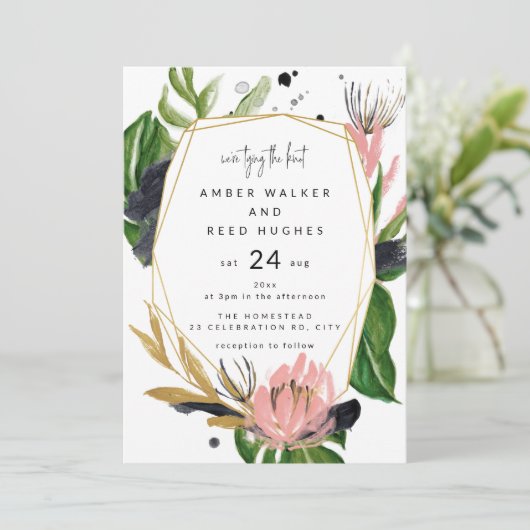 Tropische Palm Bloemen Waterverf Bladeren Huwelijk Kaart (Staand voorkant)