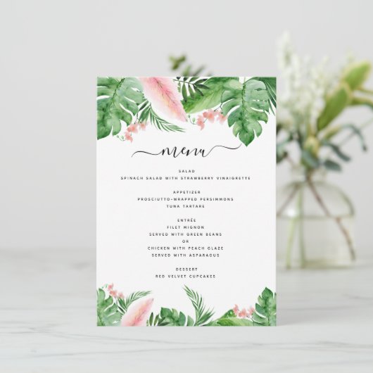 Tropische Palm Bloemen Waterverf Blush Roze Huweli Menu (Staand voorkant)