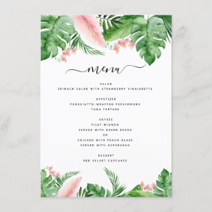 Tropische Palm Bloemen Waterverf Blush Roze Huweli Menu