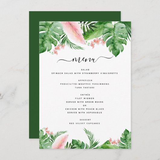 Tropische Palm Bloemen Waterverf Luau Wedding Menu (Voorkant / Achterkant)
