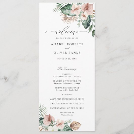 Tropische palm bloemenblos groen bruiloft programmakaart (Voorkant)