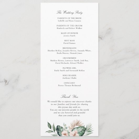 Tropische palm bloemenblos groen bruiloft programmakaart (Achterkant)