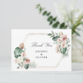 Tropische Palm Bloemige Blush Geometrische Gouden Bedankkaart (Staand voorkant)