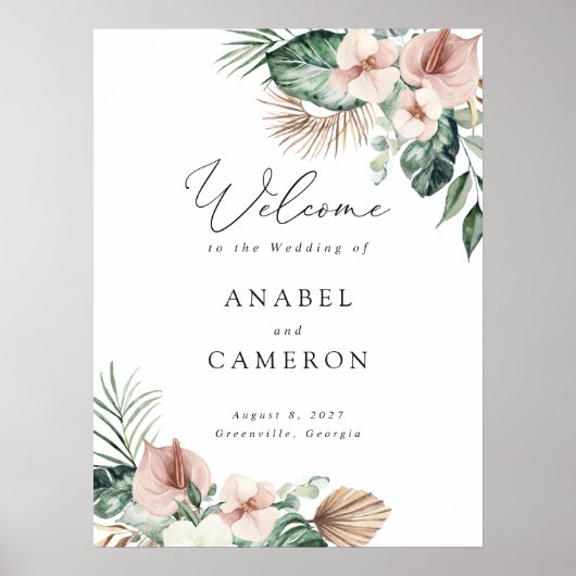 Tropische Palm Bloesem Bruiloft Welkomstbord Poster (Voorkant)