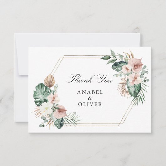 Tropische Palm Bloesem Geometrisch Goud Bruiloft Bedankkaart (Voorkant)