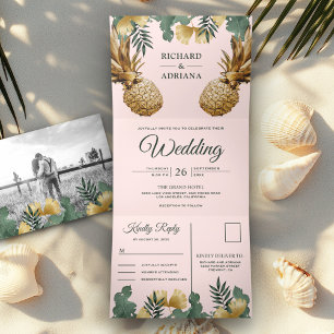 Tropische Palm Blozende Roze Gouden Ananas Bruilof Drieluik Uitnodiging
