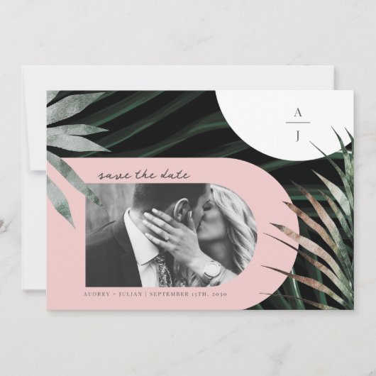 Tropische Palm Blush Roze Monogram Save The Date (Voorkant)